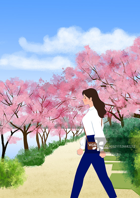 河边景观年轻女子散步图片素材