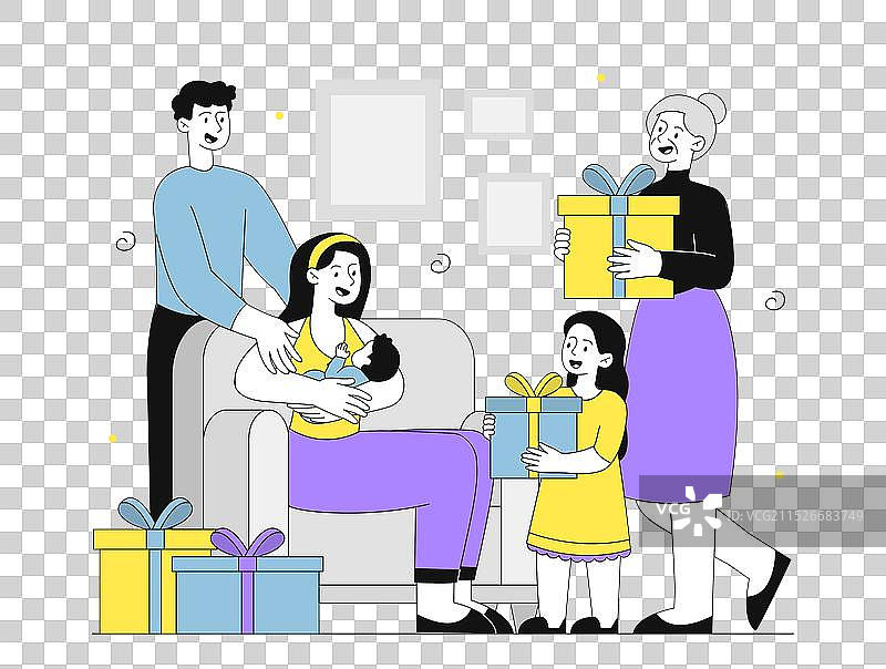 幸福的一家和礼物，几代人同堂图片素材