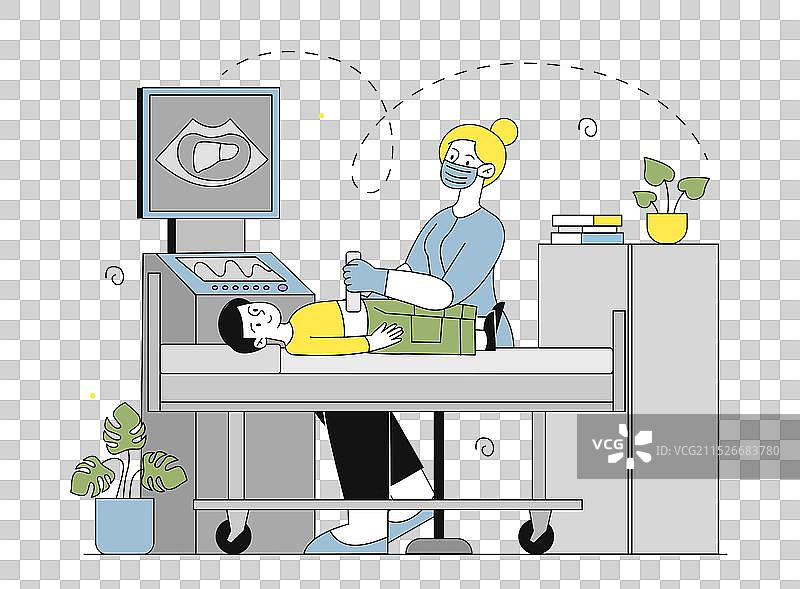 男孩和穿医疗制服的妇女做超声波检查图片素材