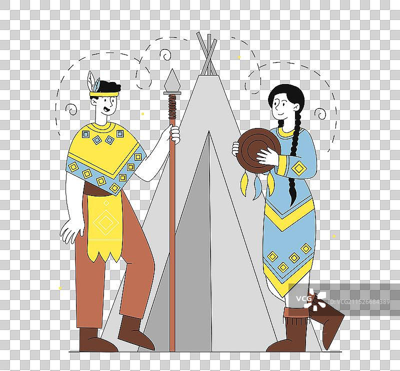 手持长矛的印第安裔美国男人和女人图片素材