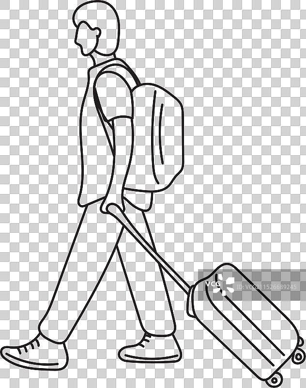 手绘男人拉着滚动行李箱图片素材