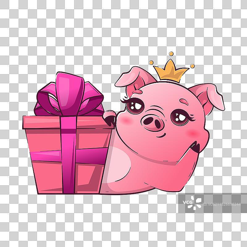 戴皇冠的可爱小猪在礼品盒旁图片素材
