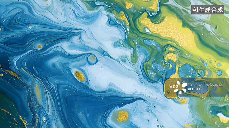 【AI数字艺术】绿色颜料与金箔抽象流体背景图片素材