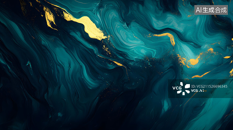 【AI数字艺术】绿色颜料与金箔抽象流体背景图片素材