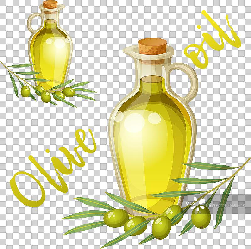 卡通橄榄油瓶和橄榄树枝图片素材