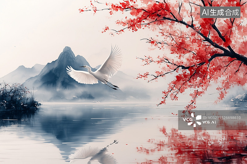 【AI数字艺术】古诗句：西塞山前白鹭飞，桃花流水鳜鱼肥图片素材