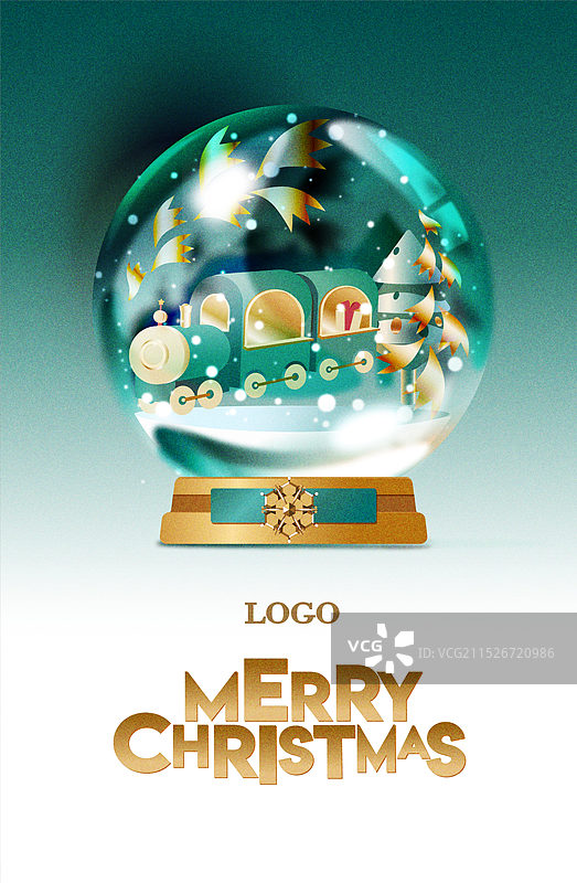 圣诞节雪地里载礼物的火车水晶球矢量插画海报设计模板图片素材