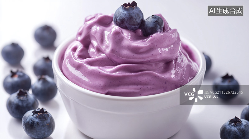 【AI数字艺术】白色背景下的新鲜蓝莓冰淇淋图片素材