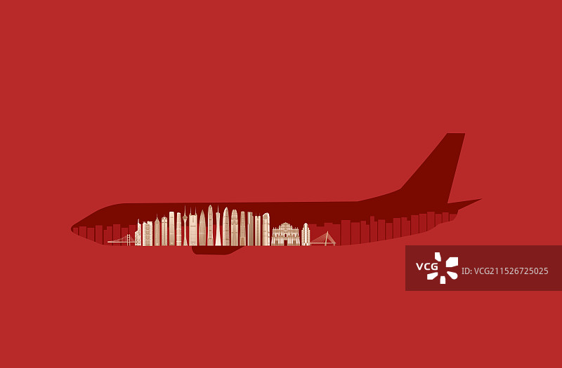红金粤港澳大湾区高端飞机新航线旅游旅行新年春节节日包装剪纸剪影矢量插画图片素材