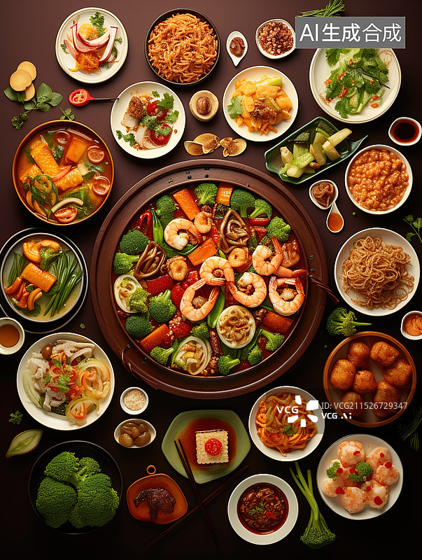 【AI数字艺术】一大桌子丰盛的饭菜图片素材