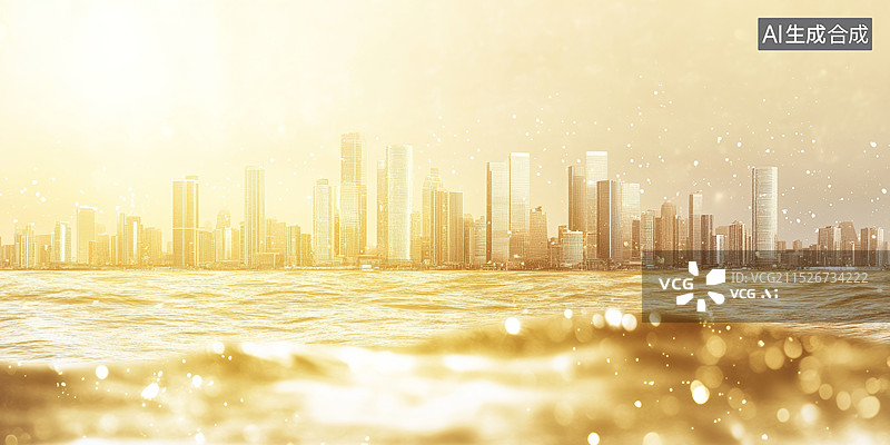 【AI数字艺术】一座现代化城市的天际线，建筑物高耸入云，背景是金色的天空和水面。整个画面充满了未来感和奢华感图片素材