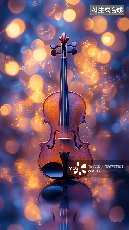 【AI数字艺术】一把小提琴，背景是模糊的灯光。小提琴放在前景中央，显得非常突出图片素材