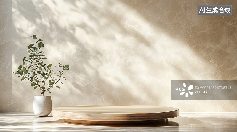 【AI数字艺术】3D极简风光影圆形木纹电商产品展台图片素材