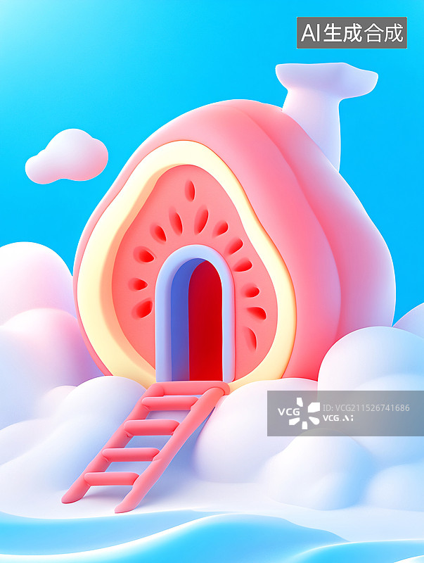 【AI数字艺术】夏至节气的3D西瓜屋插画图片素材