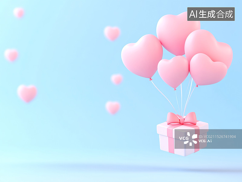 【AI数字艺术】七夕情人节的爱心气球和礼盒3D插画图片素材