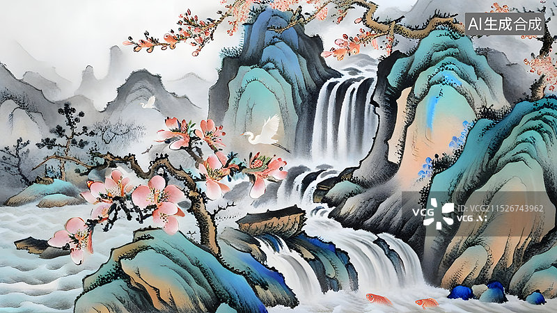 【AI数字艺术】中国古代水墨国画西塞山前白鹭飞桃花流水鳜鱼肥图片素材