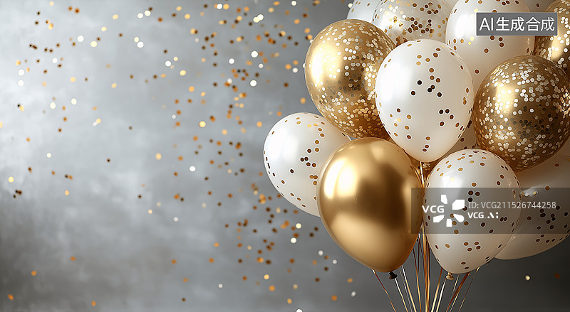 【AI数字艺术】金色与白色气球的梦幻组合图片素材