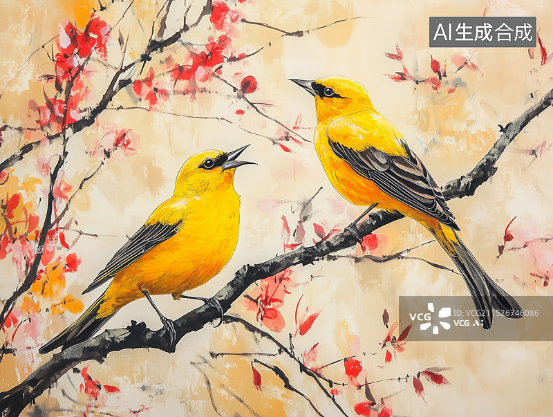 【AI数字艺术】中国风古诗《钱塘湖春行》插画 几处早莺争暖树，谁家新燕啄春泥图片素材