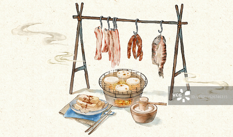 小雪节气美食红糖糍粑腌制腊味腊肉腊肠—国画古风水墨国风插画图片素材