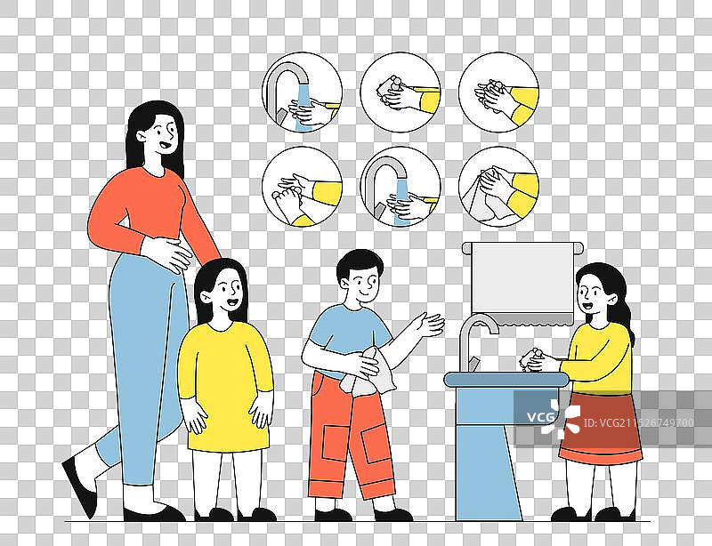 妇女教孩子们洗手图片素材