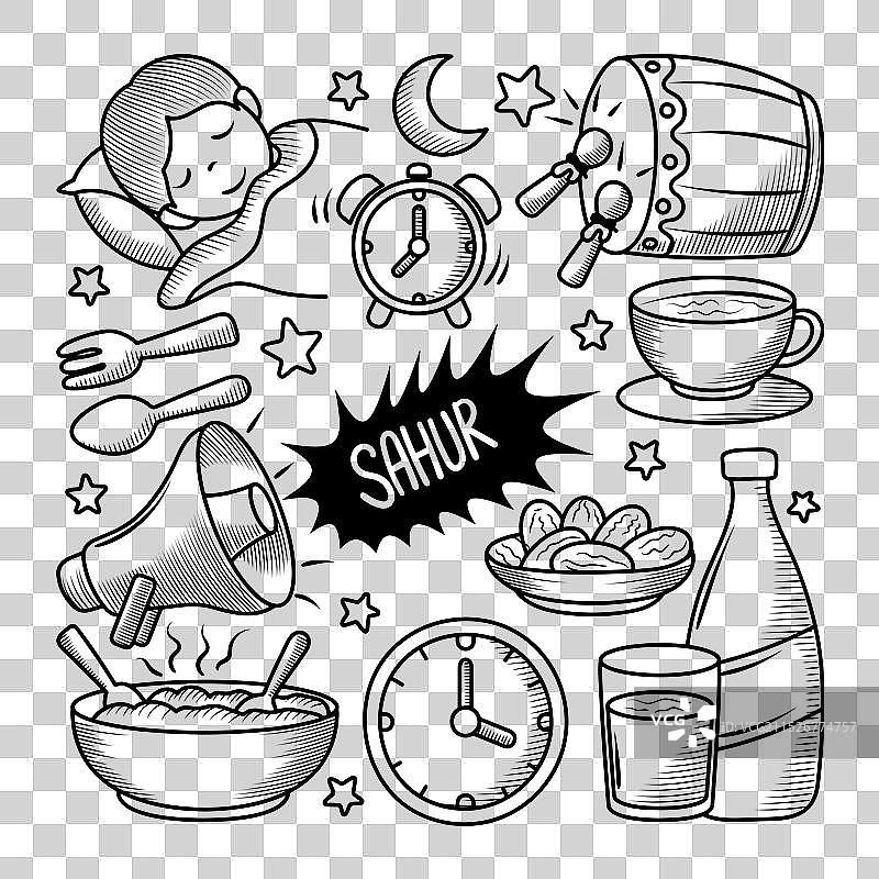 手绘封斋饭涂鸦元素合集图片素材