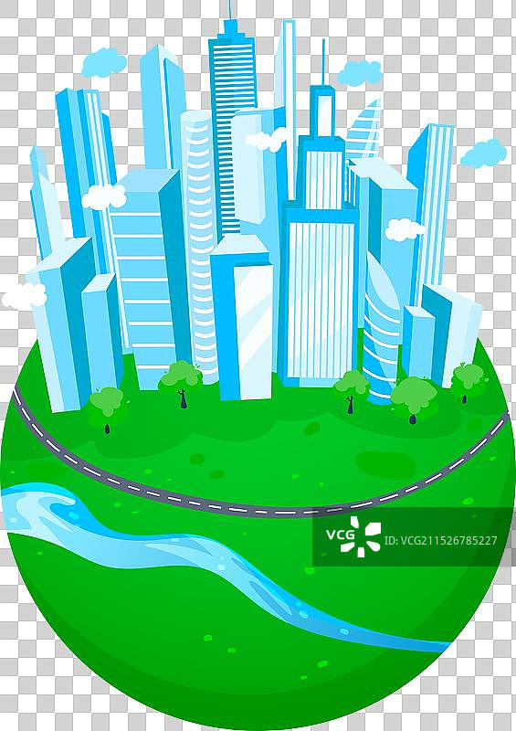 绿色地球仪上的城市天际线与树木图片素材