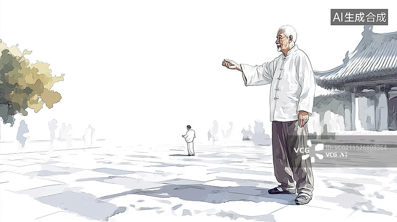 【AI数字艺术】一位老人在广场练太极速写图片素材