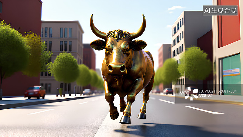 【AI数字艺术】财经股市主题插画  在街道上奔跑的铜牛图片素材