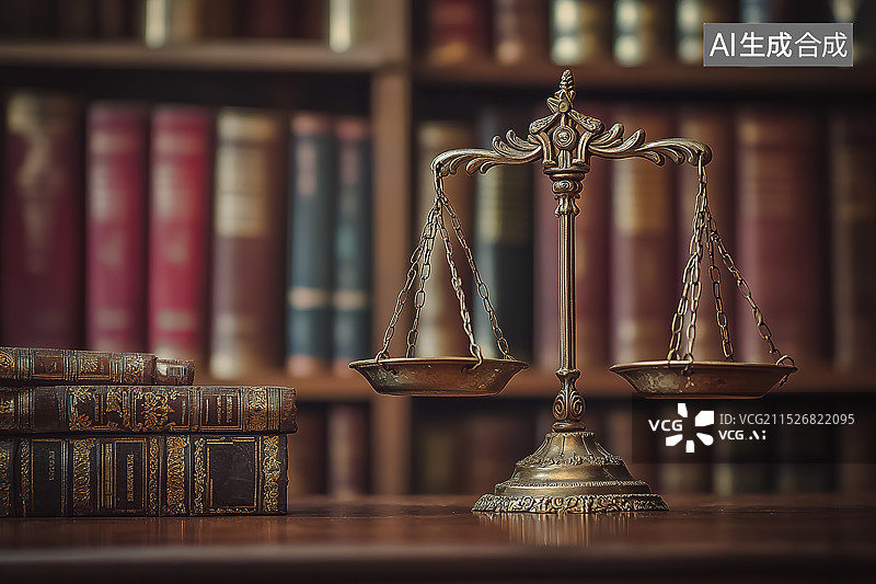 【AI数字艺术】放在桌子上的天平和法律公正概念图片素材
