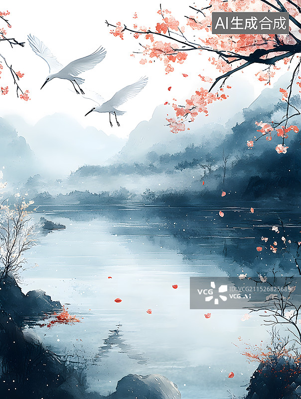 【AI数字艺术】西塞山前白鹭飞，桃花流水鳜鱼肥图片素材