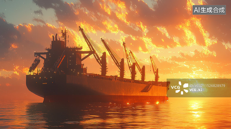 【AI数字艺术】散货船在晚霞下的静止图片素材