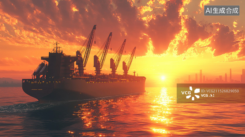 【AI数字艺术】散货船在晚霞下的静止图片素材
