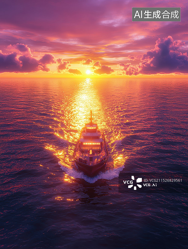 【AI数字艺术】夕阳下航行的货轮图片素材