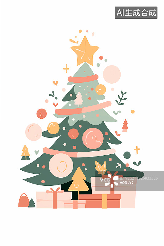 【AI数字艺术】精美的圣诞装饰免扣平面矢量图，圣诞树旁有可爱雪人，充满节日氛围，适用于各类圣诞设计。图片素材