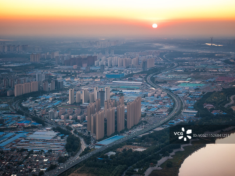黄昏高角度济南百里黄河风景区航拍图片素材