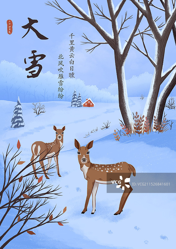 野外的雪地上有两只回头看的小鹿图片素材