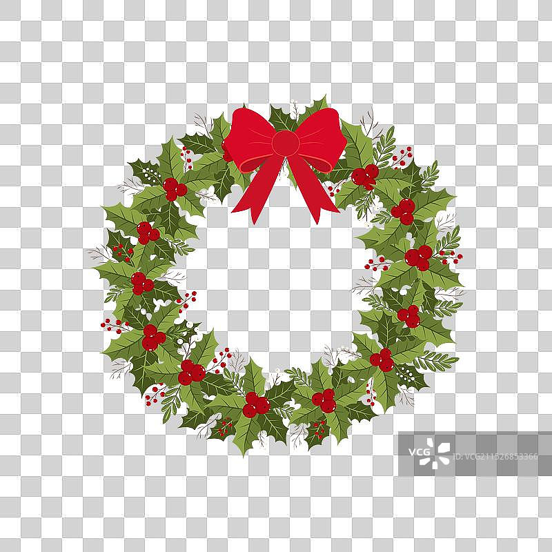 带有冬青浆果和红色蝴蝶结的圣诞花环图片素材