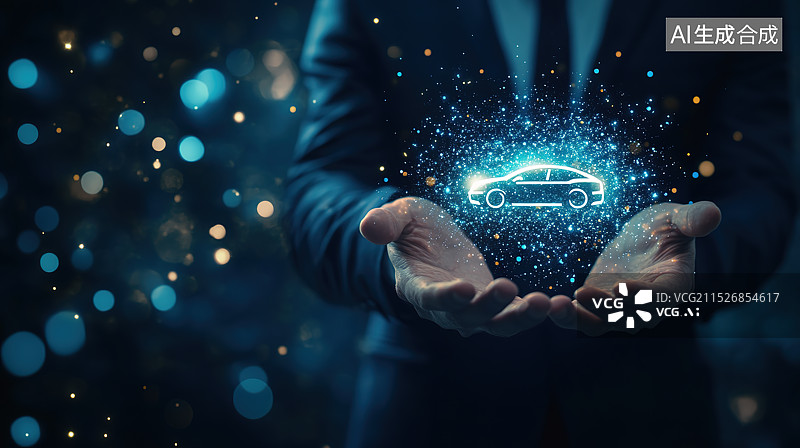 【AI数字艺术】商人手捧一辆汽车和虚拟互联数据全息影像——车联网和车险概念图片素材