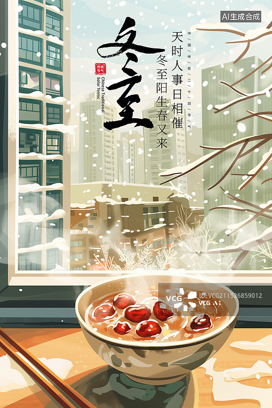【AI数字艺术】中国风二十四节气系列插画海报模版-今日冬至 冬季习俗之吃一碗甜甜的五谷粥 雪天里窗外的城市高楼 竖版图片素材
