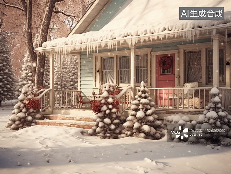 【AI数字艺术】雪中的美式乡村风格小屋插画图片素材