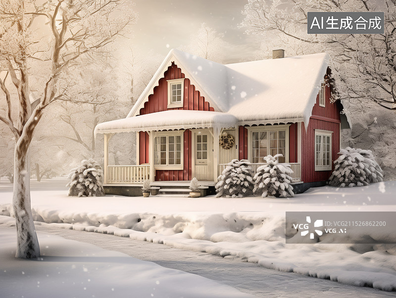 【AI数字艺术】雪中的美式乡村风格小屋插画图片素材