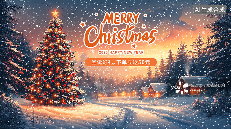 【AI数字艺术】2025年蛇年 中国新年和圣诞节祝福贺卡 海报模版 夜晚大雪下的圣诞树和村庄 横版图片素材