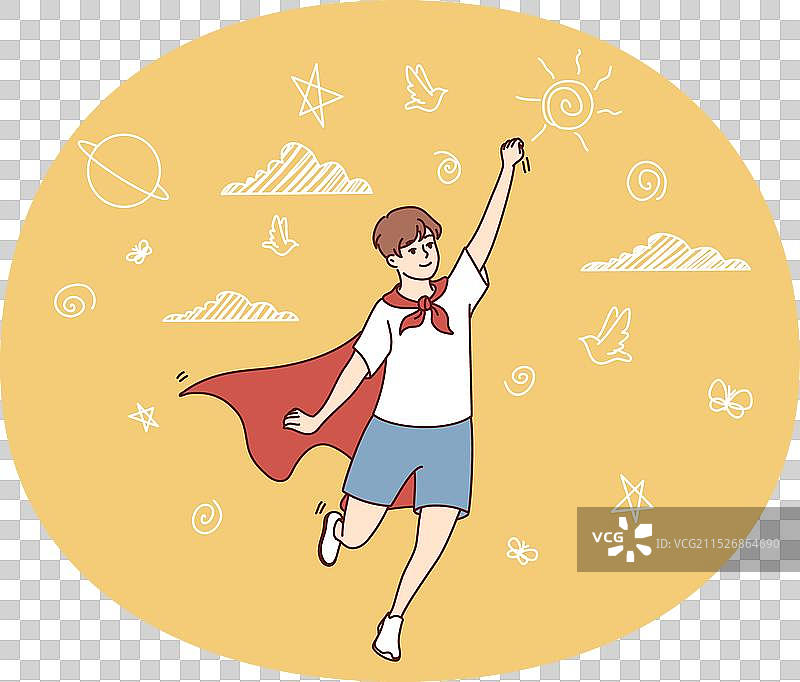身披超人斗篷伸手的青少年男孩图片素材