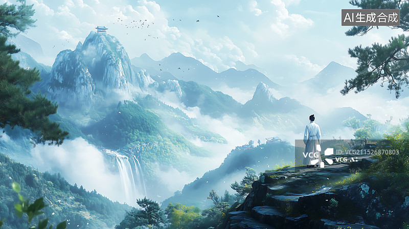 【AI数字艺术】水墨画风格庐山风景山水画横版图片素材