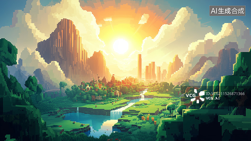 【AI数字艺术】块状山脉和河流，充满像素化云朵的充满活力的天空，以及坐落在山谷下方的繁华村庄游戏场景图片素材