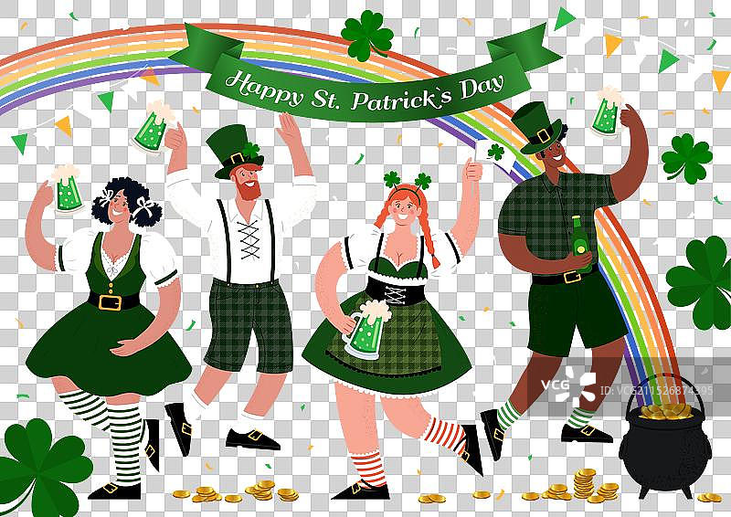 圣帕特里克节快乐banner人物举杯畅饮图片素材