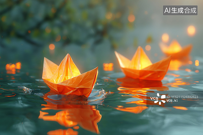 【AI数字艺术】漂浮在水面上的许愿纸船图片素材