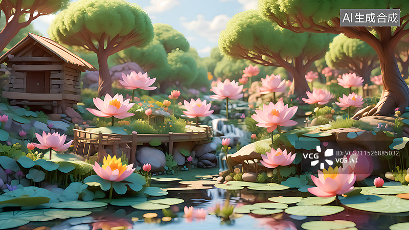 【AI数字艺术】荷塘草屋三维插画图片素材