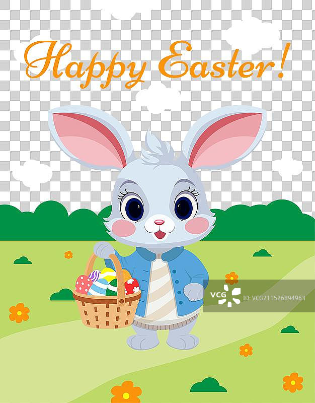 手提复活节彩蛋篮子的可爱卡通兔子图片素材