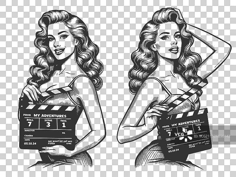 女演员与电影场记板图片素材